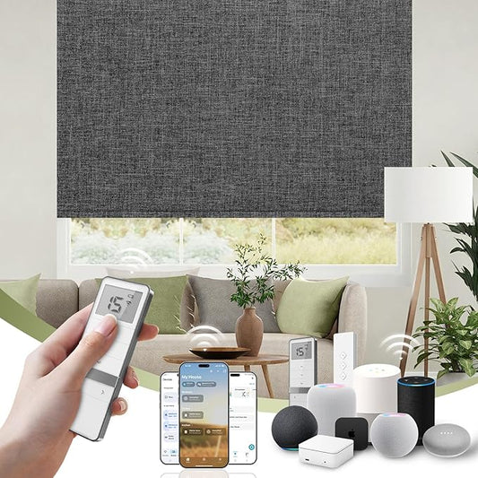 FineTell Motorized Blinds with Remote, 100% Blackout Roller Shades Compatible with Alexa,Apple Homekit,Google Home APP and Voice Control, Customized Electric Blinds (100% Blackout Dual Sided Black)