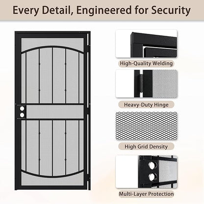 JUBEST 32" x 80" Steel Security Door, Universal/Reversible Outswing Security Screen Door, Black Powder-Coated Surface Mount Frame with Expanded Metal Screen, Rust-Resistant, No Handles Included