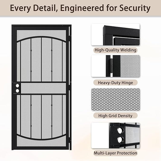 JUBEST 32" x 80" Steel Security Door, Universal/Reversible Outswing Security Screen Door, Black Powder-Coated Surface Mount Frame with Expanded Metal Screen, Rust-Resistant, No Handles Included