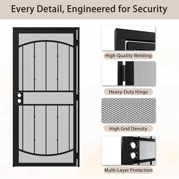 JUBEST 36" x 80" Steel Security Door, Universal/Reversible Outswing Security Screen Door, Black Powder-Coated Surface Mount Frame with Expanded Metal Screen, Rust-Resistant, No Handles Included