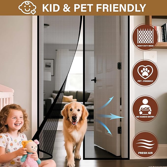 Magnetic Fiberglass Screen Door -Fit Door Size 38.0 x 83.0'' Screen Door Mesh for Front Door or Sliding Door, Pet & Kid Friendly, Stripe Black