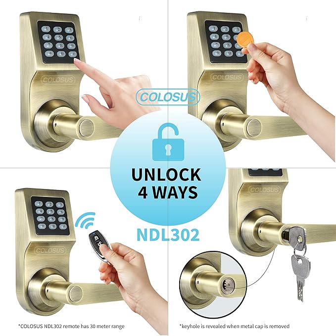 Colosus NDL302 Electronic Digital Keyless Door Lock, Keypad – Smartcode Security, Grant & Control Access for Home, Office (Gold - 4 Key Fobs)
