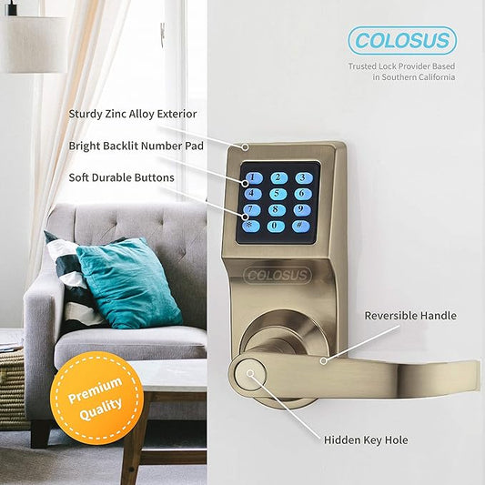 Colosus NDL302 Electronic Digital Keyless Door Lock, Keypad – Smartcode Security, Grant & Control Access for Home, Office (Gold - 4 Key Fobs)