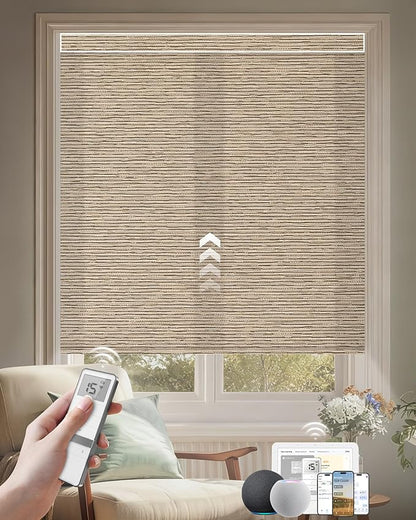 Kincmo Motorized Blinds with Remote, Light Filtering Roller Shades Work with Apple Homekit,Alexa,Google Home, Custom Electric Blinds with App,Voice Control (75% Blackout Aqua Waves Sandy)