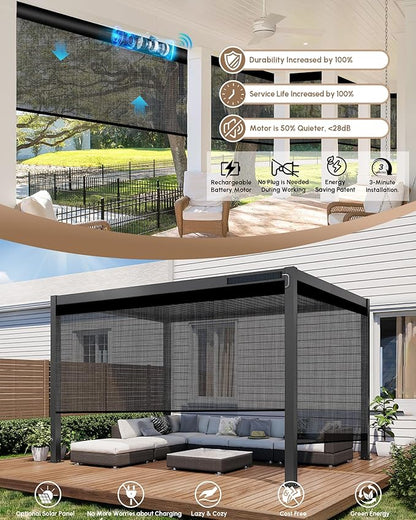 Kincmo Motorized Outdoor Shades for Patio Porch, Custom Outdoor Motorized Blinds with Remote, Waterproof & Windproof Patio Shades Work with Apple Homekit,Alexa,Google (5% Openness Texture Dark Grey)