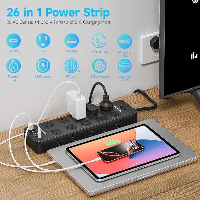 20AC Power Strip with USB Ports, Heavy Duty Surge Protector Power Strip 15 Amp, 6Ft Extension Cord with Multiple Outlets (Black, 6.5FT)
