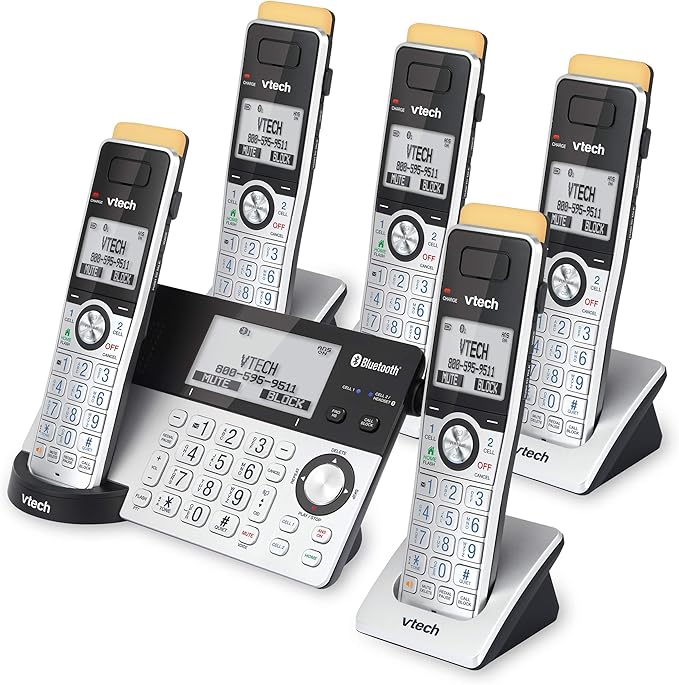 VTech IS8151-5 Super Long Range 5 Handset DECT 6.0 Cordless Phone for Home with Answering Machine, 2300 ft Range, Call Blocking, Bluetooth, Headset Jack, Power Backup, Intercom, Expandable to 12 HS