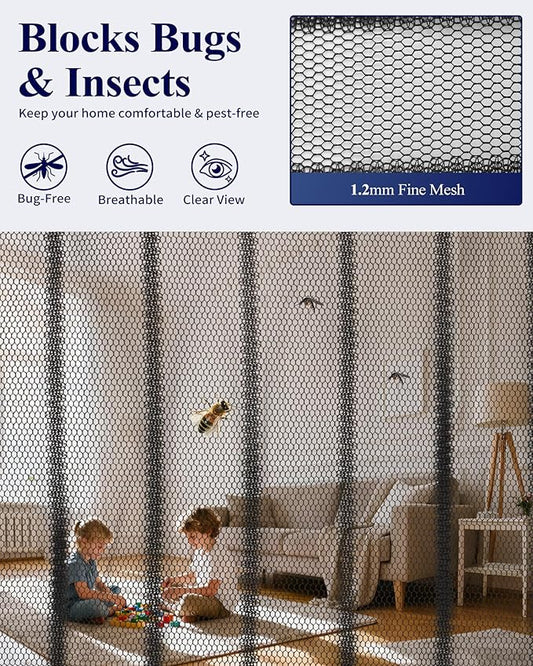 Kitsure Magnetic Screen Door - 38.0 x 82.0 in Retractable Screen Door Mesh for Front Door or Sliding Door, Pet & Kid Friendly, Hands-Free Closure Keeps Bugs Out & Lets Breeze in, Stripe Black