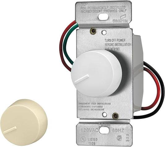 Eaton RI06P-VW-K2 600-Watt 120-Volt Single-Pole/3-Way Incandescent/Halogen Dimmer with Preset, Ivory and White Knobs