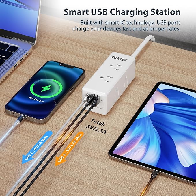 2 Prong Power Strip, TOPREK 2 Prong to 3 Prong Outlet Adapter, 1440J 2 Prong Surge Protector with 6 Outlets & 3 USB, 5FT 2 Prong Extension Cord with Swiveling Flat Plug, Ideal for Non-Grounded Outlet