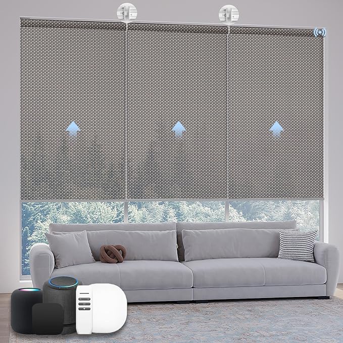 Motorized Coupled Shades, Falme Resistant Smart Solar Shades for Large Windows Automatic Blinds Compatible with Alexa, Electric Roller Blinds Customized for Home Office(5% Openness Coffee)