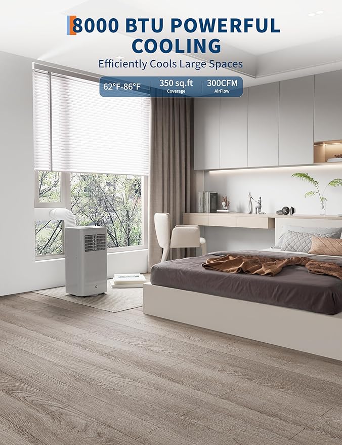 GarveeLife Portable Air Conditioners, 8,000 BTU for Rooms up to 350 Sq.Ft., Smart Compact AC Unit with Cooling, Dehumidifier, Fan, Remote Control and Window Kit, Gray