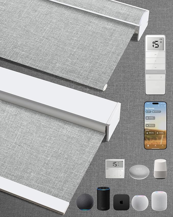 Motorized Blinds with Remote: Kincmo 100% Blackout Roller Shades Work with Apple Homekit,Alexa,Google Home, Customized Electric Blinds with App,Voice Control (100% Blackout Meridian Grey)