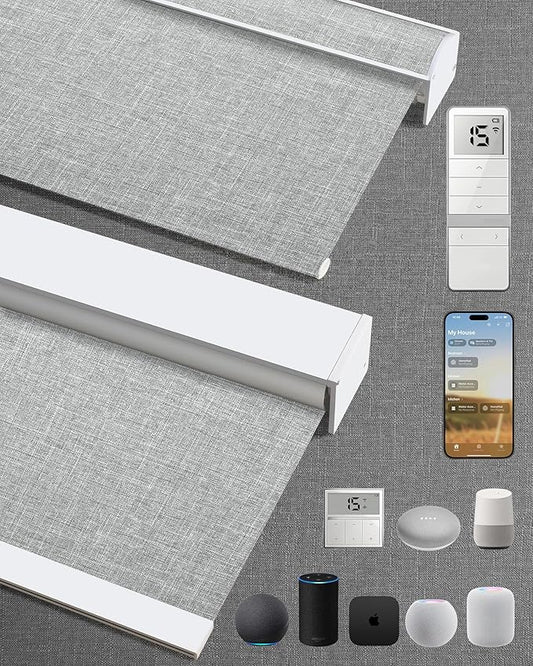 Motorized Blinds with Remote: Kincmo 100% Blackout Roller Shades Work with Apple Homekit,Alexa,Google Home, Customized Electric Blinds with App,Voice Control (100% Blackout Meridian Grey)