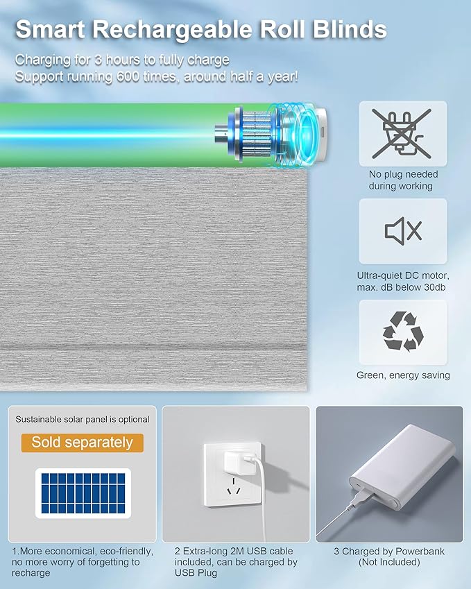 Motorized Blinds with Remote Control, Smart Blackout Automatic Blinds Work with Homekit Alexa Google Home, Rechargeable Electric Window Roller Shades with Valance, Customized Size (Texture Grey)