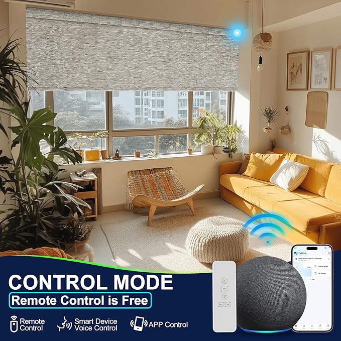BERISSA Motorized Blinds with Remote,Blackout Smart Blinds for Windows,Jacquard Fabric,Remote Control,Thermal Insulated Automatic Blinds,Electric Blinds with USB/Solar Pannel.Maze Brwon