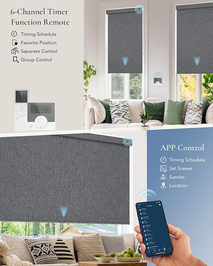 Motorized Blinds Compatible with Alexa Google Custom to 108" Width 100% Blackout Smart Blind Automatic Large Window Roller Shades Remote Control Fabric Dark Grey