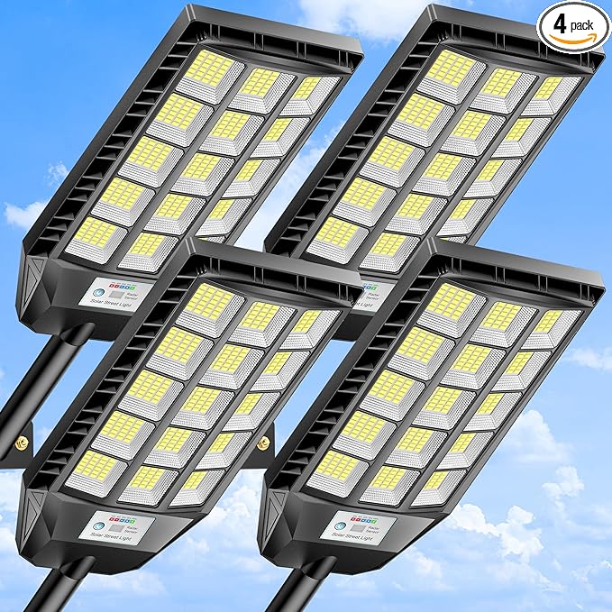 Deepn Solar Lights Outdoor Waterproof, Solar Street Lights Outdoor, 6500K LED Dusk to Dawn Security Flood Light Motion Sensor with Remote Control for Yard, Parking Lot, Porch, Garages, Garden, 4 Pack