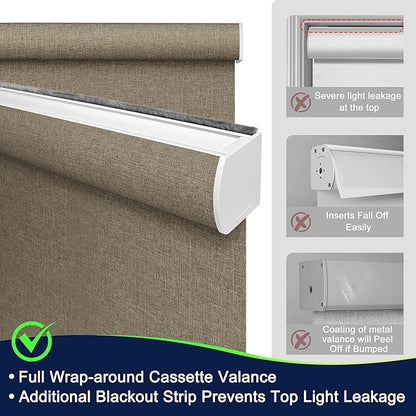 BERISSA Motorized Blinds with Remote,Blackout Smart Blinds for Windows,Linen Fabric,Remote Control,Thermal Insulated Automatic Blinds,Electric Blinds with USB/Solar Pannel.Linen Brown