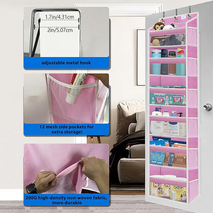 over the door organizer, Solid Bamboo Board (Not Plastic!) 6-Tier Heavy Duty 75LB, 12 Side Pockets, 3 Reinforced Hooks & Anti-Slip Pads, Waterproof & Washable, No Sagging, No Door Damage,Pink