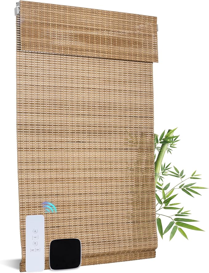 Motorized No Drill Bamboo Roman Blinds with Remote,Cordless Smart Light Filtering Bamboo Roman Shades for Indoor Windows,Alexa Google Home,APP Control,Brown28D07,35" W x 64" H