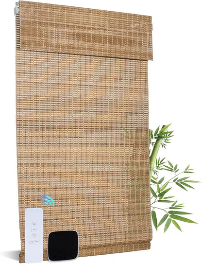 Motorized No Drill Bamboo Roman Blinds with Remote,Cordless Smart Light Filtering Bamboo Roman Shades for Indoor Windows,Alexa Google Home,APP Control,Brown28D07,35" W x 64" H