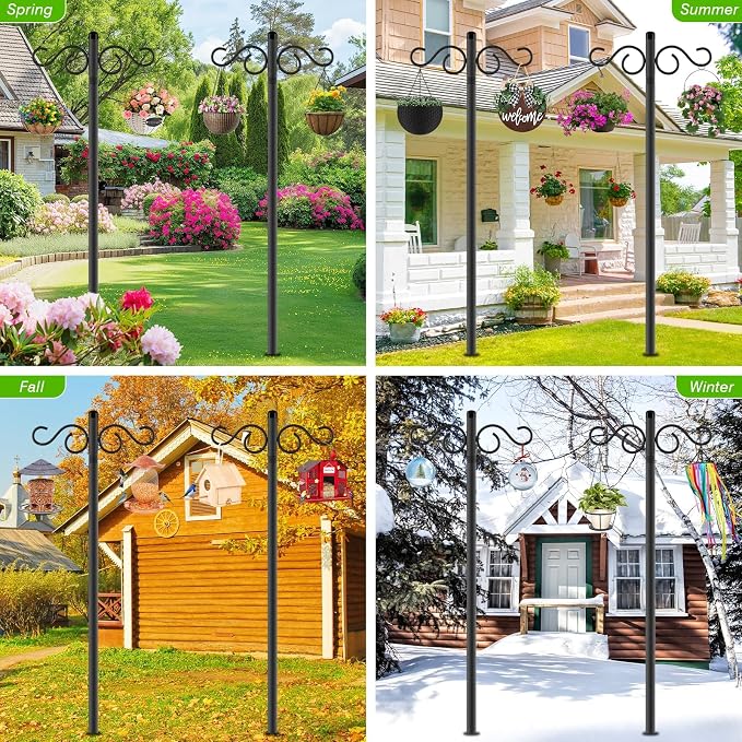 RCUICA Double Shepherds Hooks for Outdoor,2 Pack 110Inch Bird Feeder Pole with 5 Prongs Base,Heavy Duty Shepherds Hook,Suitable for Garden in Hanging Flower Basket,Lantern,Bird Nests (110 inch)