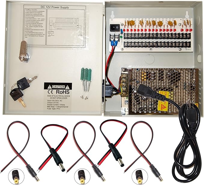 Evertech 16 Channel 12 Volt DC Output CCTV Distributed Power Supply Box for Security Camera with 18 Pcs. DC Male Pigtail