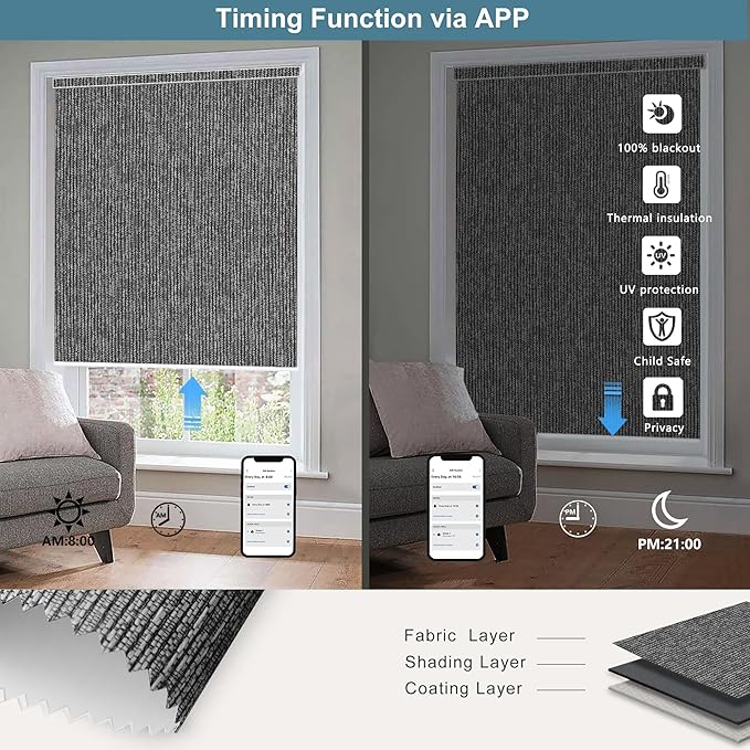 Bringnox Motorized Blinds with Remote,100% Blackout Smart Roller Blinds Compatible with Apple Homekit Google Home and Alexa Via HUB,and Customized (Grain Anthracite-25)