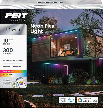 Feit Electric Smart LED Neon Flex Strip Lights, 10FT, Bendable, RGBW Color Chasing, Dimmable, 2.4Ghz WiFi Enabled, Compatible with Alexa and Google Home Asst, Music Sync, Remote App, NF10/CHASE/WP/AG