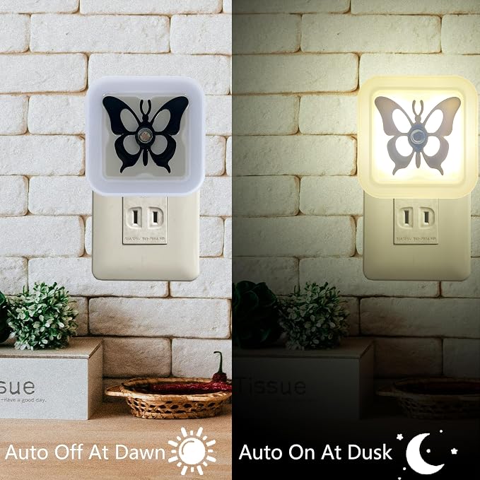 Smart LED Night Light [2-Pack], Plug-in with Auto Dusk to Dawn Sensor | Dimmable, Energy Efficient, Compact Wall Lights for Bedroom, Bathroom, Hallway, Kitchen (Butterfly Warm Light, 2)