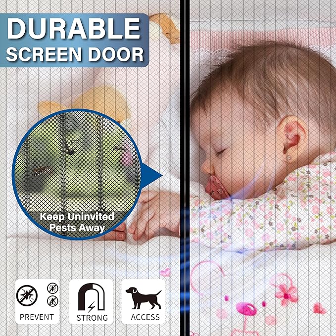 Magnetic Screen Door -Fit Door Size 30.0 x 80.0'' Retractable Screen Door Mesh for Front Door or Sliding Door, Pet & Kid Friendly, Hands-Free Closure Keeps Bugs Out & Lets Breeze in, Stripe Black