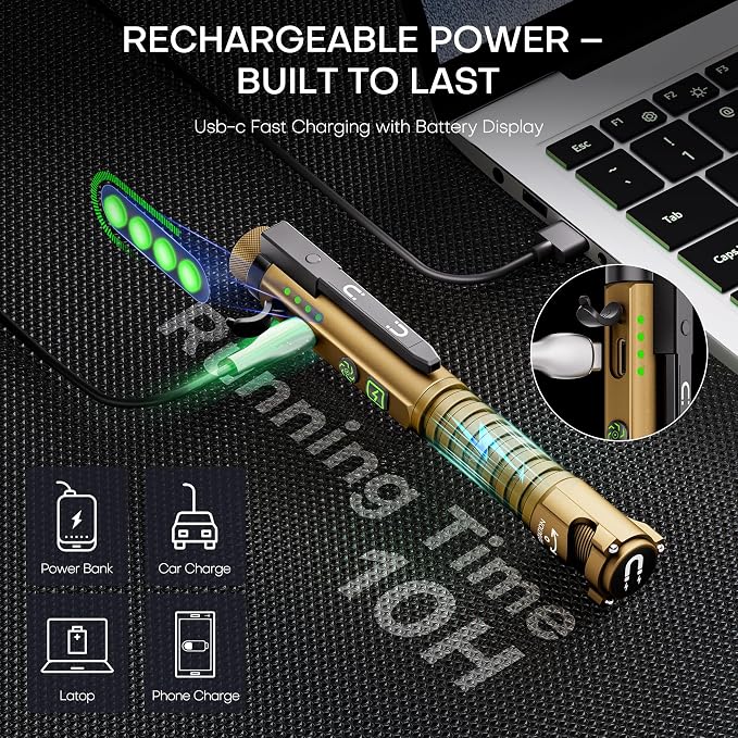 EDC Flashlight Rechargeable,800 Lumen Small Flashlight with Magnetic Clip & Base, 11 Modes LED Flashlight,Glass Breaker&Bottle Opener, USB-C Flashlight for Working,Home and Emergency
