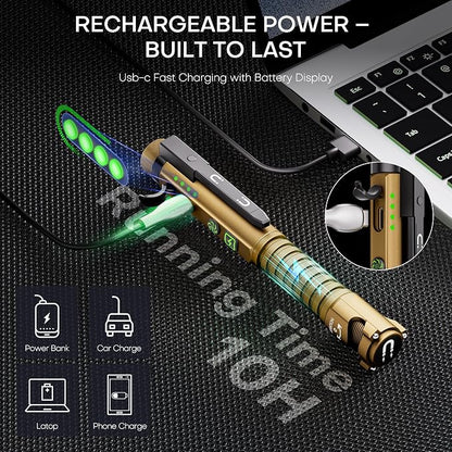 EDC Flashlight Rechargeable,800 Lumen Small Flashlight with Magnetic Clip & Base, 11 Modes LED Flashlight,Glass Breaker&Bottle Opener, USB-C Flashlight for Working,Home and Emergency