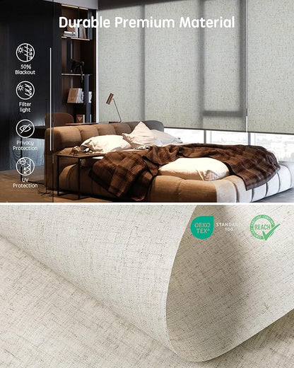 Yoolax Motorized Blinds with Remote, Light Filtering Smart Roller Shades Work with Alexa, Google, Apple Homekit, Custom Automatic Shades with Voice Control for Living Room (Linen Beige)
