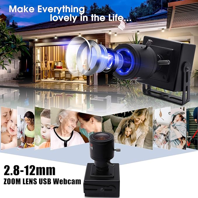 3MP USB Camera 2.8-12mm varifocal Lens Webcam Webcamera for Windows Android Linux Mac Video Comference Webcams Plug &Play OTG USB 2.0 Compact Security Camera