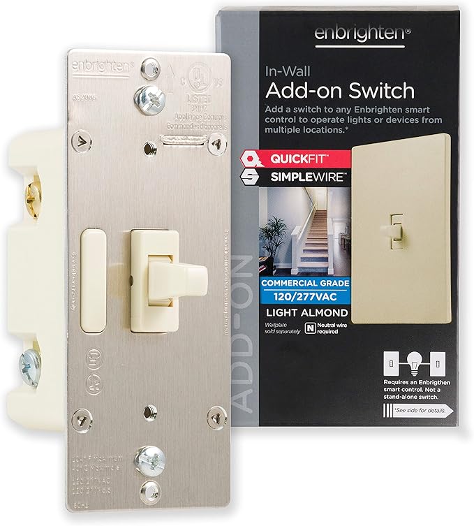 Enbrighten Add QuickFit and SimpleWire, Z-Wave/Zigbee Smart Controls, Compatible with Alexa, Google Assistant, NOT A STANDALONE Switch, Light Almond Toggle, 12732, White