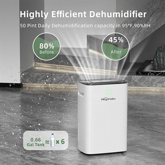 HOGARLABS 50 Pint Dehumidifiers for Home and Basements, with 3 Working Modes, Overflow Protection, and Auto Shut off Restart. Ultra Silent Dehumidifier with Drain Hose and Digital Control Panel.