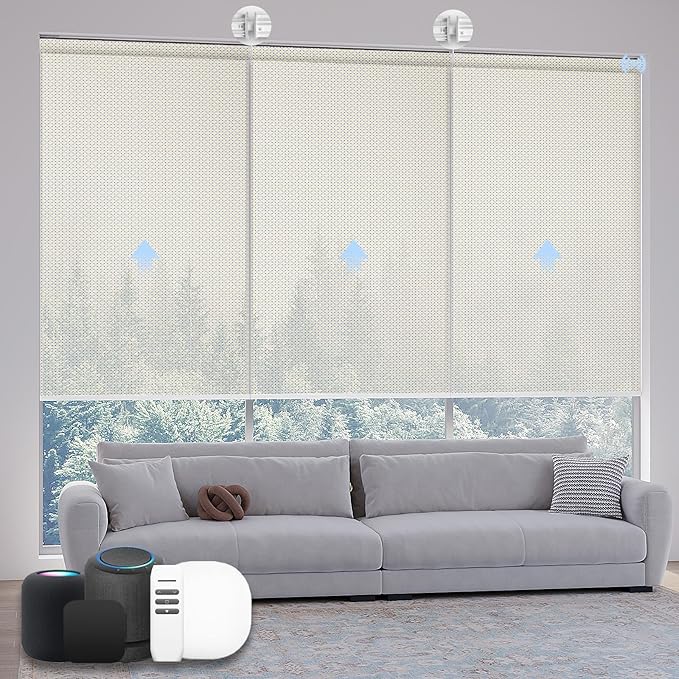 Motorized Coupled Shades, Falme Resistant Smart Solar Shades for Large Windows Automatic Blinds Compatible with Alexa, Electric Roller Blinds Customized for Home Office(5% Openness Beige)