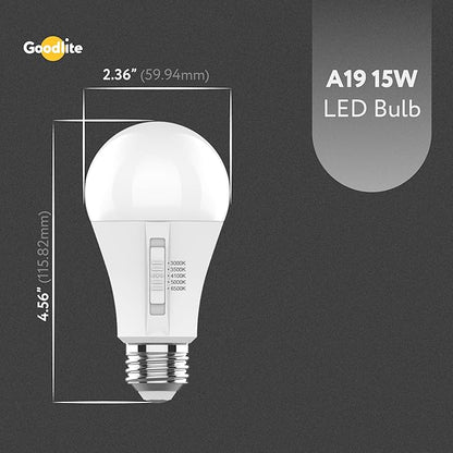 Goodlite A19 LED Bulb, 5 Color Selectable 3000K-3500K-4100K-5000K-6500K, 1500 Lumens, 15W (100W Equivalent), High CRI, 5% Dimmable, UL Listed, Enclosed Fixtures & Damp Rated, 15,000 Hr. 25pk (G-10883)