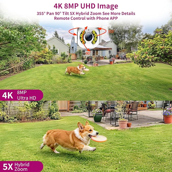 LETSCEE 4K 8MP Wired Outdoor Security Camera,Dual Power Options,Plug in,360° Pan 90° Tilt with Auto Tracking,Full Color Night Vision,2-Way Audio,Waterproof,24/7 Recording,2.4GHz WiFi Only