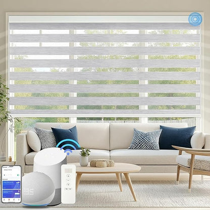 Motorized Zebra Blinds for Windows Cordless Electric Curtains with Remote Control Blackout Shades Custom Smart Blinds Compatible with Alexa Google Home(95% Blackout Grey,W27 X 72in)