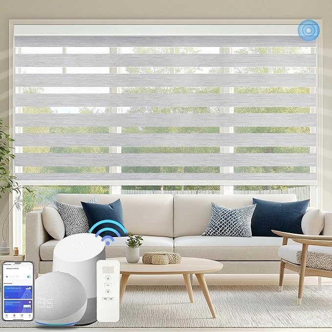 Motorized Zebra Blinds for Windows Cordless Electric Curtains with Remote Control Blackout Shades Custom Smart Blinds Compatible with Alexa Google Home(95% Blackout Grey,W35 X 72in)