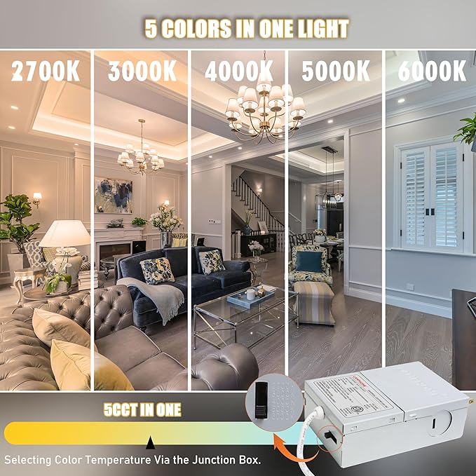 LAMPHOME 1-Pack of 4-Inch Slim LED Recessed Lights with Junction Box, Adjustable Color Temperatures (2700K-5000K), 9W Equivalent to 75W, Dimmable, 950LM Brightness - ETL and Energy Star Certified