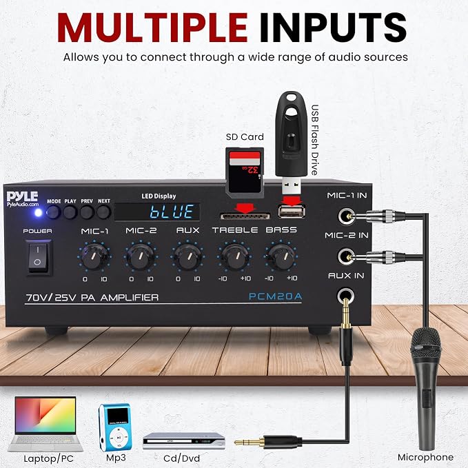 Pyle Compact Mini Home Power Amplifier - 40W Smart Small Audio Stereo Receiver w/ AUX 2 Microphone IN COM/8-Ohm/25V/70V Speakers LED Input Selector For PA Amplified Speaker Sound System - PCM20A