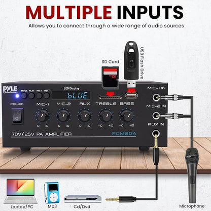 Pyle Compact Mini Home Power Amplifier - 40W Smart Small Audio Stereo Receiver w/ AUX 2 Microphone IN COM/8-Ohm/25V/70V Speakers LED Input Selector For PA Amplified Speaker Sound System - PCM20A
