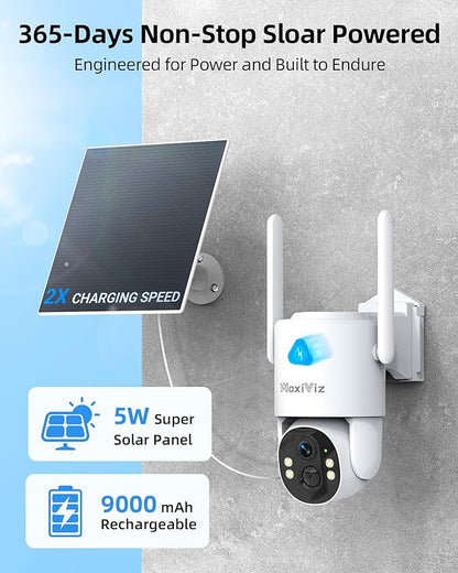 MaxiViz 4G LTE Outdoor Solar Powered Cellular Security Camera Wireless, Off-Grid Camera No WiFi Required, 2.5K UHD Color Night Vision, 360° Live View, Local/Cloud Storage, IP66 Weatherproof, SIM Card
