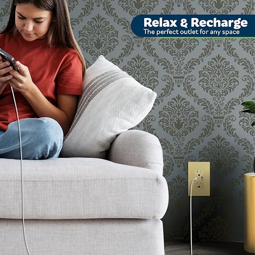 TOPGREENER USB Outlet, 4.2A Type C & Type A Wall Outlet, Gold, 2 Pack | 15 Amp Tamper Resistant Receptacle Plug, Charging Power Outlet with USB Ports, USB Receptacle, UL Listed, Wall Plate Included