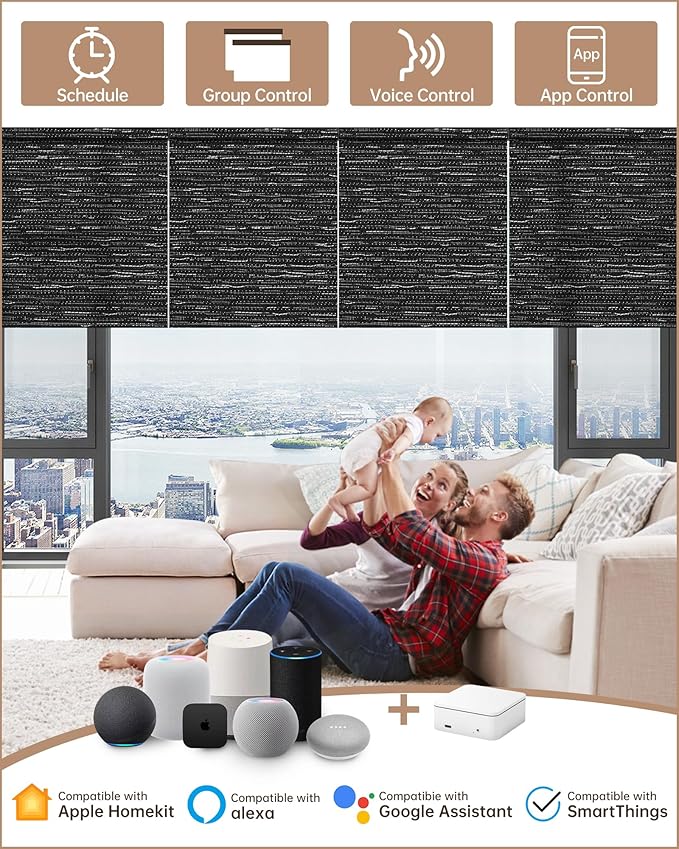 Kincmo Motorized Blinds with Remote, Light Filtering Roller Shades Work with Apple Homekit,Alexa,Google Home, Custom Electric Blinds with App,Voice Control (75% Blackout Aqua Waves Striped Black)