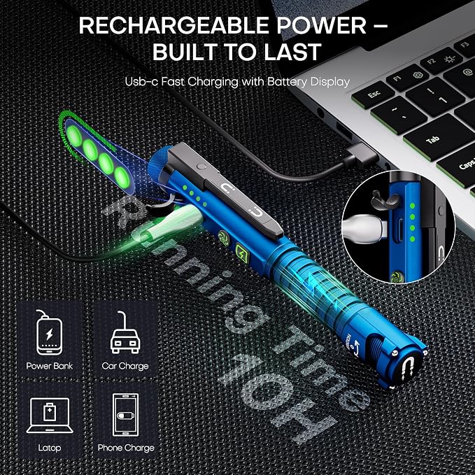 EDC Flashlight Rechargeable,800 Lumen Small Flashlight with Magnetic Clip & Base, 11 Modes LED Flashlight,Glass Breaker&Bottle Opener, USB-C Flashlight for Working,Home and Emergency